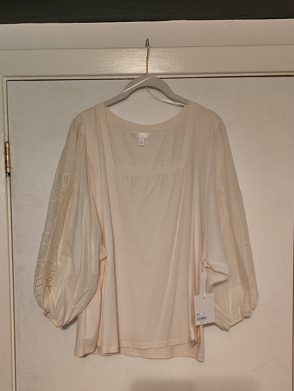 Cream Square Neck Blouse with Embroidered Puff Sleeves